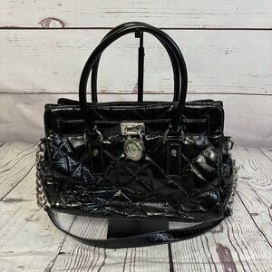 Michael Kors Black Quilted Patent Leather Hamilton Satchel Padlock Charm MK Logo